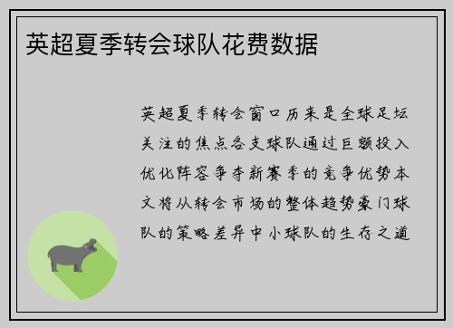 英超夏季转会球队花费数据